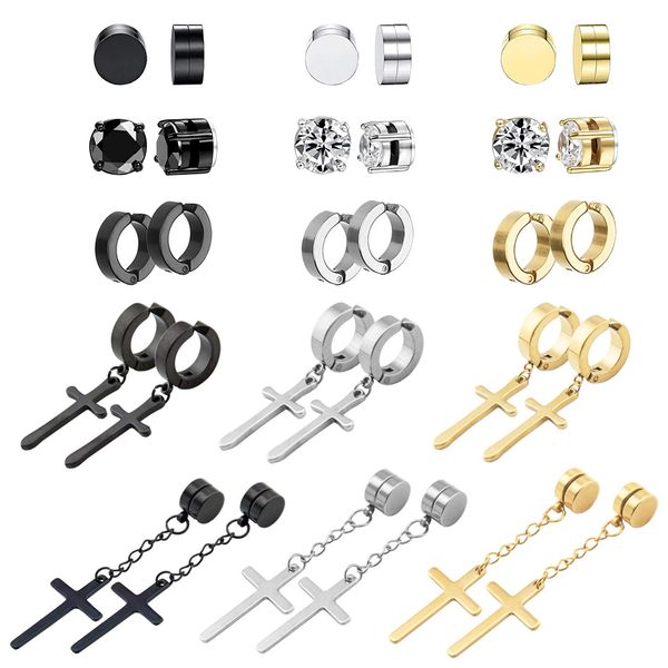 NEWITIN 15 Pairs Magnetic Stud Earrings for Men Stainless Steel Magnetic Earrings Men Clip on Earrings Unisex Dangle Cross CZ Hoop Magnetic Earrings for Men Women