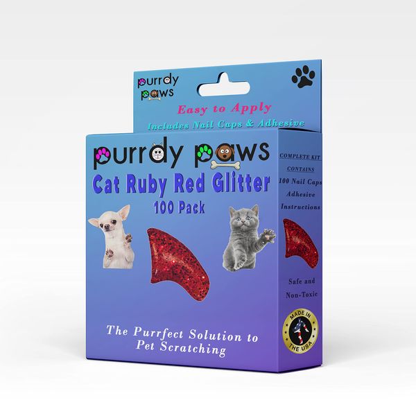 Purrdy Paws 100 Pack Soft Nail Caps for Cat Claws Ruby RED Glitter Small