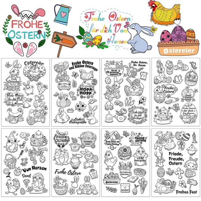 DPKOW 105pcs Deutschen Ostern Klare Stempel, Frohe Ostern Silikonstempel für DIY Karte Scrapbooking Basteln, Hase Ostereier Karotte Huhn Küken Blume Ziege Kreuz Pfeil Vogel Häschen Von Herzen Dank