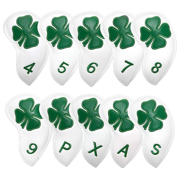 Golf Iron Covers Headcovers Club Head Cover, 4 Leaf Clover Synthetic Leather Made for Oversized Standard Small Size Pack of 10 (White)