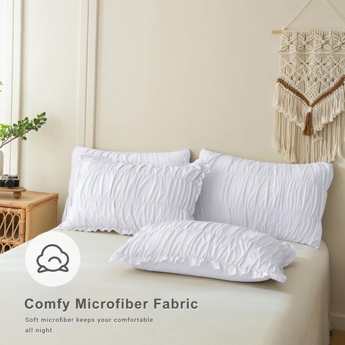 QSH White Ruffled Pillow Shams Queen Size Set of 2, Shabby Ruched Pillow Cases 20"x30", Boho Chic Bedding Pillow Covers Queen Ultra Soft and Breathable Microfiber Pillow Sham