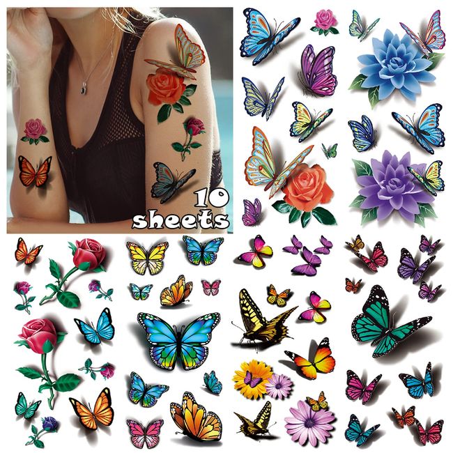 LEADTEAM Temporäre Tattoos, 10 Blätter Fake Tattoos 3D Schmetterling Tattoo Aufkleben Damen Klebetattoos Arm Tattoo, Tattoo Farb Tattoos zum Aufkleben Tattoos Erwachsene Fake Tattoos Frauen Festival