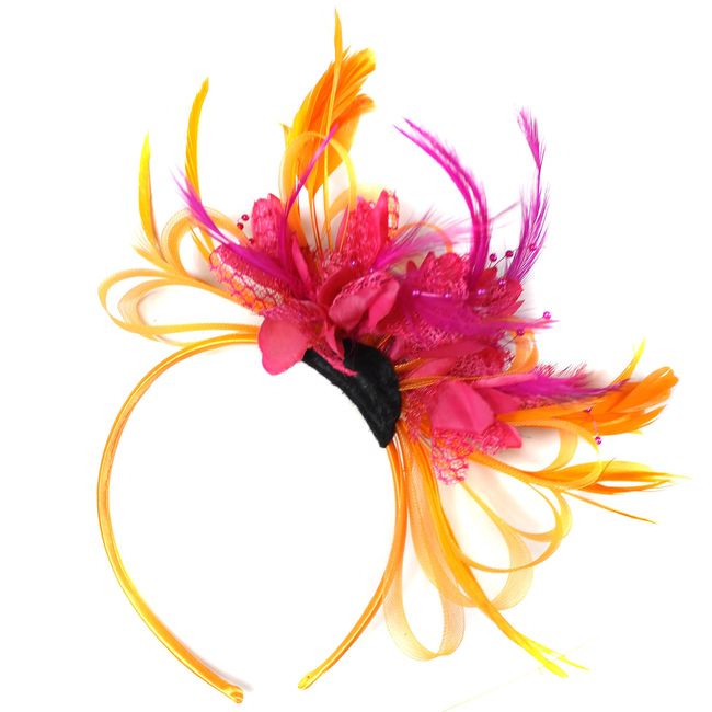 Caprilite Fashion Orange and Fuchsia Hot Pink Net Hoop Feather Hair Fascinator Headband Wedding Royal Ascot Races