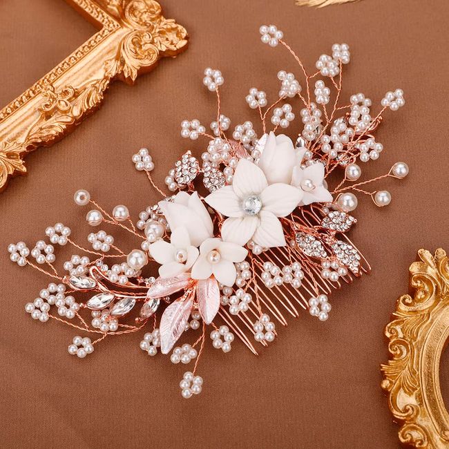 Chargances White Flower Pearl Hair Comb for Wedding Brides Bridesmaid Crystal Beaded Hair Comb Accessories Rhinestone Head Pieces for Women Girls Porm (Rose Gold)