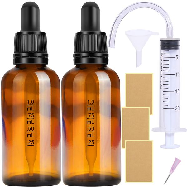 Pipette Glas Pipettenflasche 2 Stk 50ml Apothekerflasche Set- Kleine Braunglas Liquid Flaschen mit pipette Tropfflaschen Glasflaschen mit Schwarzer Pipettenkappe Inklusive 5 Stk Hilfszubehör