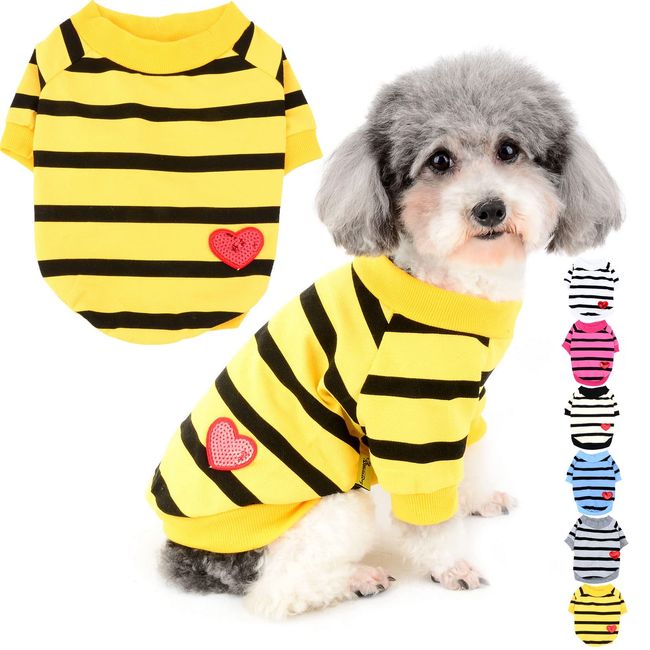 Zunea Hunde-Shirts für Kleine Hunde Sommer Basic T-Shirt Streifen Welpen Kleidung Pailletten Liebe Herz Sweatshirt Weiche Baumwolle Shirt Haustier Kleidung Pullover Chihuahua Bekleidung Dunkelgelb XL