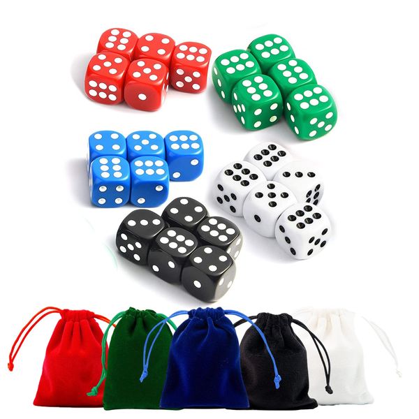 DFsucces Dice, Six Sided, 25 Pieces, Card Game, Board Game, 5 Colors (Red, Blue, Green, White, Black) with 5 Color Storage Bag (5 Colors, 25 Pieces)