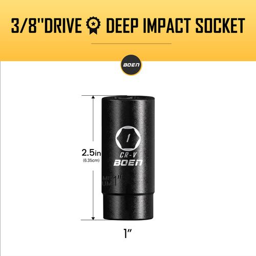 BOEN 3/8" Drive Deep Impact Sockets, Premium Impact Socket, 1" Socket, SAE, 6 Point,Cr-V Steel with Laser Marking - Strong and Durable