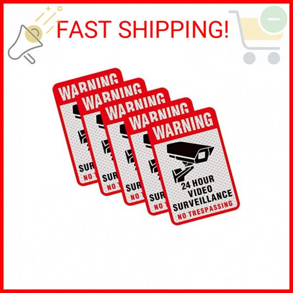 5 Pieces 24 Hours Video Recording Surveillance No Trespassing Sign Sticker. Self