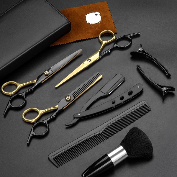 Hair Scissors,11Pcs Professional Black Gold Hair Cutting Scissors Shears Sets,Stainless Steel Barber Scissors Supplies,Straight Shears, Thinning Shears, Multi Use Haircut Sets for Home Salon Barber