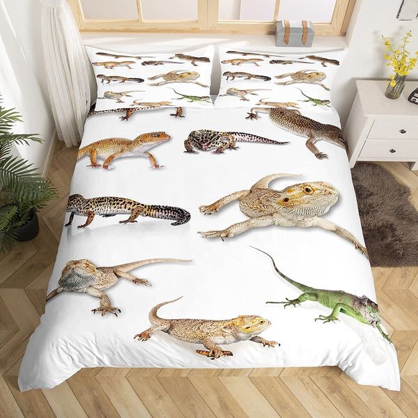 Reptile Bedding Set for Kids Girls Boys Teens Child,Leopard Gecko Comforter Cover Primitive Wildlife Animals Lizard Beige White Green,Decor 3 Pcs Duvet Cover Full Size & Zipper Ties