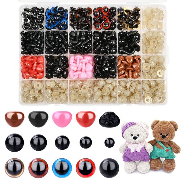 OSDUE Plastic Doll Eyes, 752PCS Safety Eyes and Washers Set for Toy Making, Colorful Plastic Safety Eyes and Noses with washers for Soft Toy Making Crochet Crafts, Amigurumi, Doll, Puppet DIY Crafts