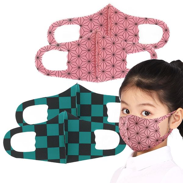 MOELIFE Japanese Pattern Mask, For Kids, 3 Pieces and 5 Piece Set, Kids, Washable, 3D Dimensional, Demon Slayer Blade, Fancy Dress, Elastic Material, No Ear Pain, Easy to Breathe, Antibacterial, Reusable, Checkered Pattern, Bishamen Tortoise Shell Pattern