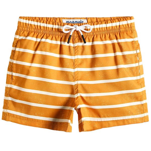 MaaMgic Kleine Jungen Badeshorts Schnelltrocknend Boardshorts mit Mesh-Futter Taschen und Verstellbarem Tunnelzug MEHRWEG, Orange Weiß Gestreift, 5-6 Jahre alt