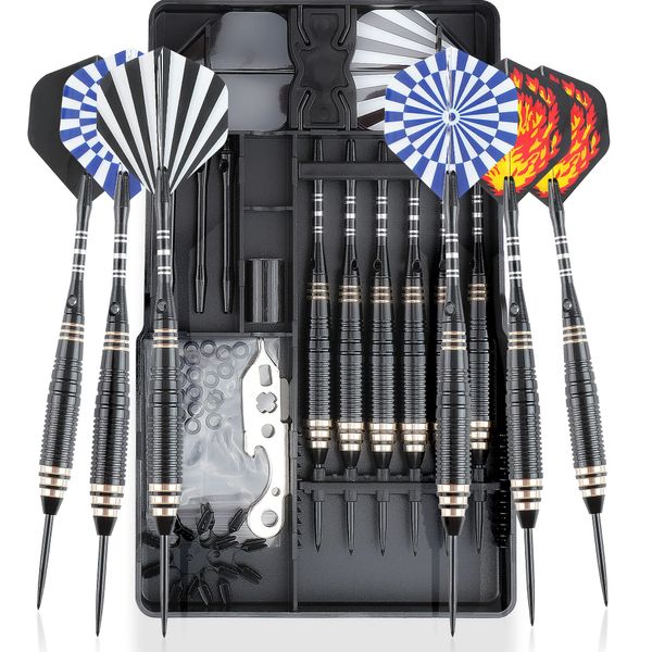 CareGames 6 Pack Steel Tip Darts, Professional 24g Metal Dart Set with 12 Dart Flights,9 Aluminum shafts,20 Rubber O-Rings,2 Protectors,Sharpener,Tools and Darts case,Beginner or Professional Darts