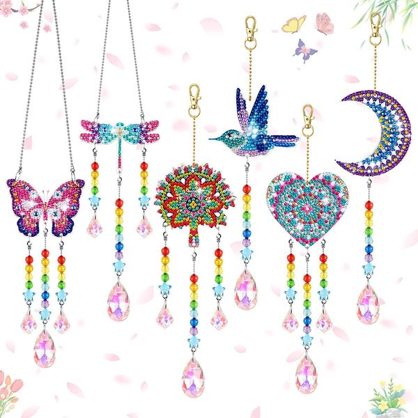 Jiosdo Arts and Crafts Kits for Kids Age 7 8 9 10, DIY Diamond Art Girls Gift with Crystal Pendant,5D Diamond Painting Wind Chimes (6 PCS)