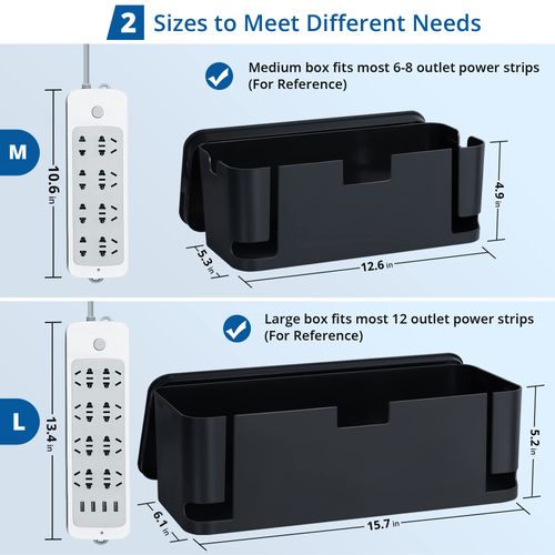 Cable Management Box Black, 2Pack Cord Organizer Box - Extra Large and Medium Size, Cord Hider Box to Conceal Power Strips on Desk or Floor, Made from Electrically Safe ABS Material
