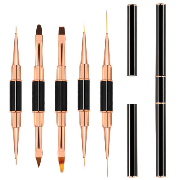 Qianyu 5 Pack Nail Art Brushes Metal Handle Dualended Nail Pen Size 5/7/9/11/15/20mm for Professional Nail Art Design Long Thin Line Detail Stripe Brush Adapt Nail Polish Drawing Design