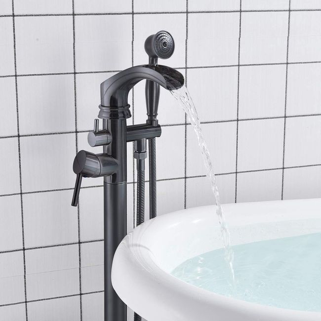 Senlesen Matte Black Bathroom Single Handle Freestanding Bathtub Faucet Floor Mounted Waterfall Tub Filler with Hand Shower Set