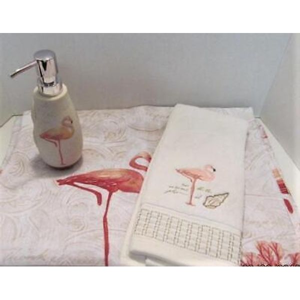 Tropical Bath CORAL GABLES Flamingo Shower Curtain Hand Towel & Lotion Dispenser