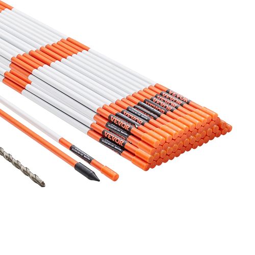 VEVOR Driveway Markers, 50 PCS 48 inch, 0.31 inch Diameter, Orange Fiberglass Poles Snow Stakes with Reflective Tape, 12" Steel Drill Bit & Protection Gloves for Parking Lots, Walkways Easy Visibility