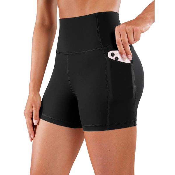 CRZ YOGA Women's Naked Feeling Cycling Shorts with Pockets - 4'' High Waisted Ladies Gym Shorts Tummy Control Yoga Shorts Black 10