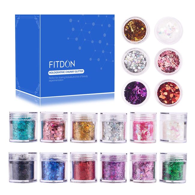 FITDON Glitzer Holographische Chunky Pailletten Set, 12 Farben Gesicht Körper Augen Haare Nägel Festival Makeup Glitzers & 6 Boxen Schmetterling Stern Herz Glitter Sequins