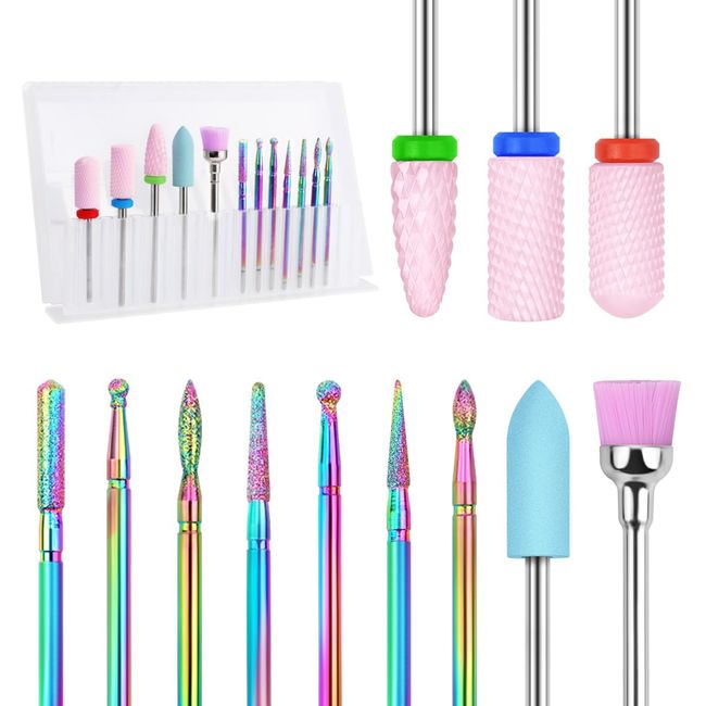 BELICOO 12 Pcs Ceramic Nail Drill Bits Sets, Electric Nail Files Drill 3/32 Inches Tungsten Steel Diamanten Cuticle Nail Drill Tool Home Use Nail Salon - Multicolour