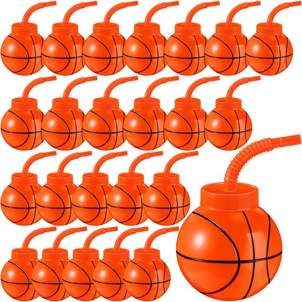 Amyhill 24 Set Basketball Cups Bulk with Straws and Lids 10 oz Plastic Reusable Basketball Ball Shape Cups Set Basketball Party Favors for Kids Birthday Sports Basketball Theme Party Supplies