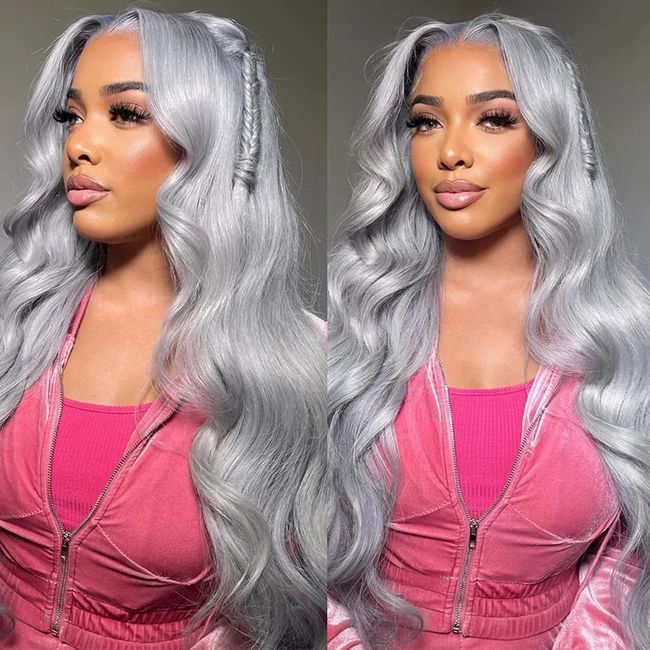 hoshee Grey Body Wave Lace Front Wig Human Hair 13x4 HD Transparent Lace Wigs Silver Lace Front Wig Pre Plucked with Baby Hair Gray Human Hair Wigs For Women 180% Density Brazilian Hair 26 inch