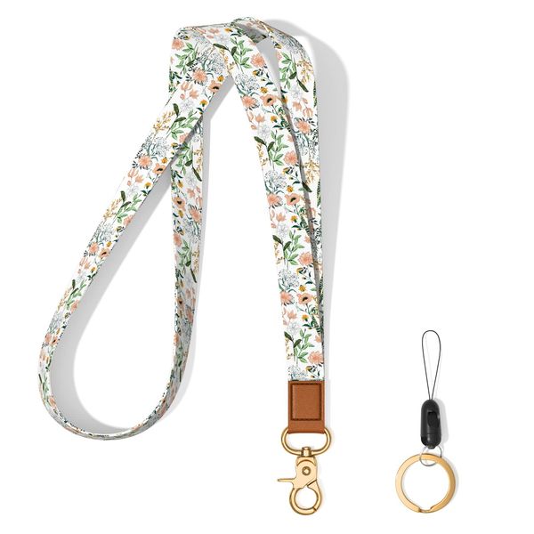 Hsxnam Neck Lanyard Key Chain, Long Lanyard Strap Keychain Holder for Women Men Car Keys ID Badges Card Wallet Phone Camera, White Flowers