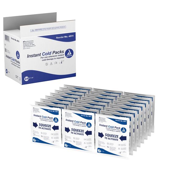 Dynarex Disposable Ice Packs for Injuries - Instant Cold Packs for First Aid, Swelling, Sprains & Abrasions - Single Use Cold Pack & Cold Compress Packs for Joint & Muscle Pain - 24-Pack, 4x5-Inch