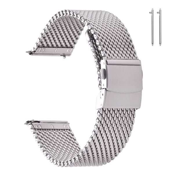 EACHE Stainless Steel Thick Mesh Watch Band For Men Heavy Duty Metal Mesh Watch Strap Adjustable Length Silver 20mm