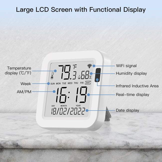 Smart WiFi Temperature and Humidity Monitor,Tuya WiFi Thermometer  Hygrometer Sensor with App Control,Large LCD Display,Backlight,Compatible  with