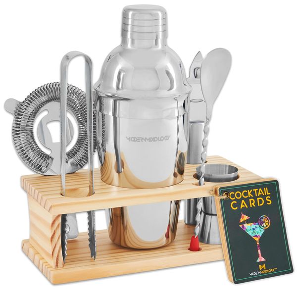 Mixology Bartender Kit - 8-Piece Cocktail Shaker Set with Wood Stand, Recipe Cards, and Bar Accessories Ideas (Silver)