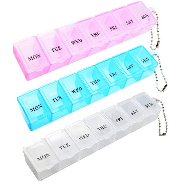 3-teilige Pillenbox, tragbarer Pillen-Organizer Reise-Tabletten-Box 7 Tage Tablet-Organizer mit Fächern für Medikamente, Nahrungsergänzungsmittel, Vitamine und Lebertran (Rosa, Weiß und Blau)