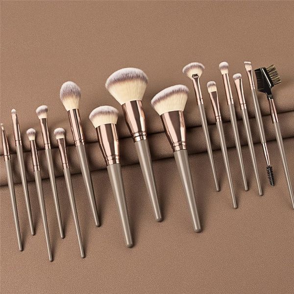 Golden Glamour 15-Piece Makeup Brush Set - Face, Lips, and Eyes: Lip Liner, CONCEALER, Shaving Brush, BLUSHER, Wood Handle, Synthetic Hair - Angular Blush, Smudge Brush, Flat Brush Stylish Brush Set