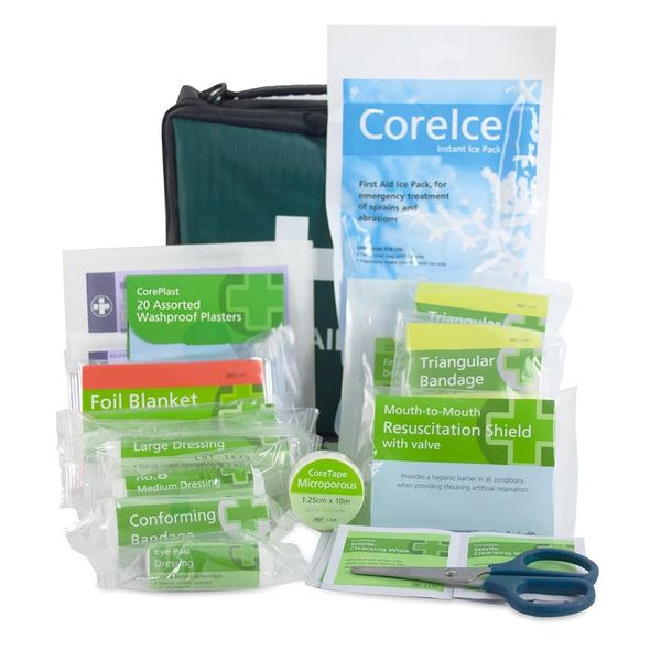 Core Medical Complete Comprehensive First Aid Bag Kit for Car, Caravan, Holiday Home, Sports, Camping, HSE Compliant, Easy Carry Includes Guide, Plasters, Ice Pack, Survival Blanket, Wipes, Bandages