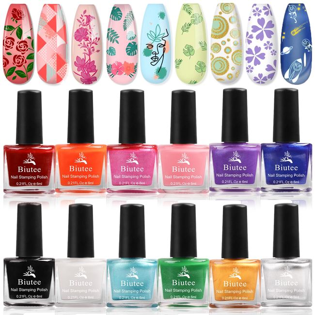 Biutee Nail Stamping Polish 12 Colors 6ML Air dry Special Polish Manicure Print Nail Polish for Stamping Plates Solid Color Nail Polish gift box Nail Varnish Lacquer Nail Art Stamp Gel Polish Set