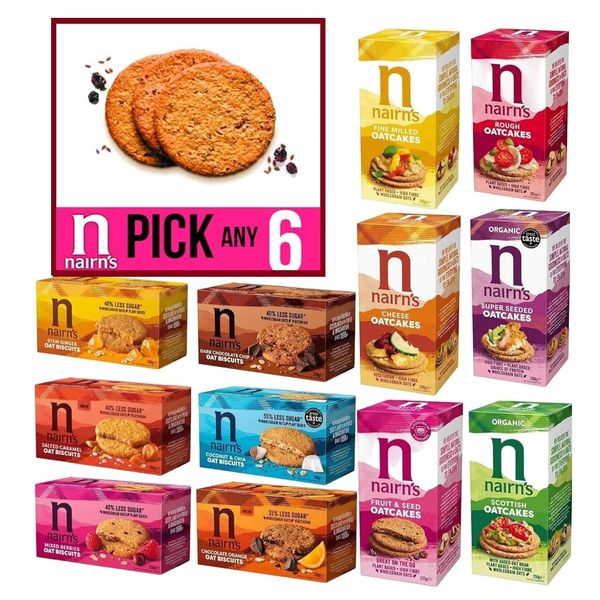 Nairn's PICK ANY 6 Non Gluten Free Oat Biscuits and Oatcakes. Flavours inc. Chocolate chip, cheese, fruit and seed, Stem Ginger, Mixed Berries, Salted Caramel Etc.