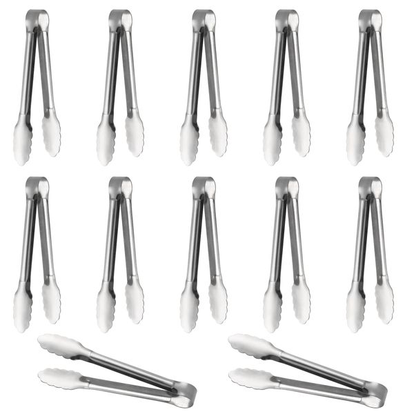 Serving Tongs,Buffet Tongs, Stainless Steel Food Tong Serving Tong Small Serving Tongs Stainless Steel Mini Appetizer Tongs, Set of 6 (5 Inch(12 Pack) (silver)