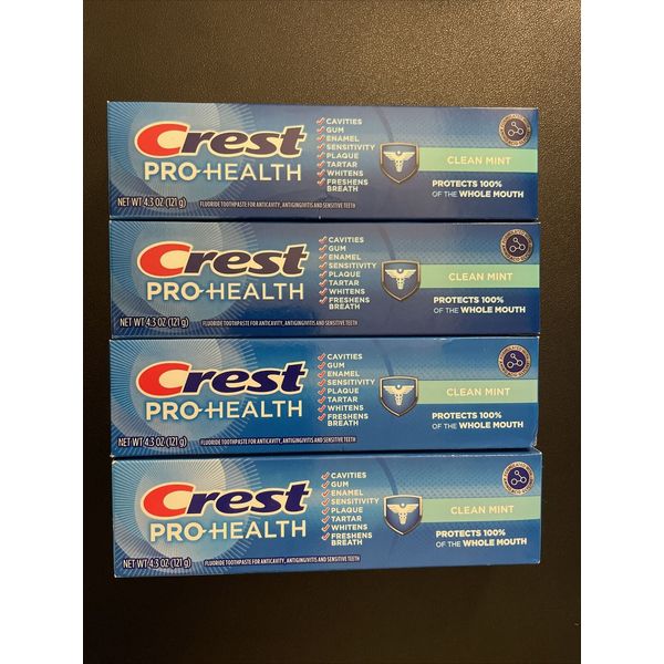 4x Crest Pro-Health Clean Mint Fluoride Toothpaste 4.3oz each Exp 06/26+