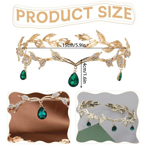 VIDSTW Elfen Kopfschmuck Elfen Krone mit Strasssteine Tiara Damen Rom mit Blattförmiges Design Kopfschmuck Elfe Prinzessin Griechenland Krone Damen Glänzend für Hochzeit Party Geburtstag (Grün)