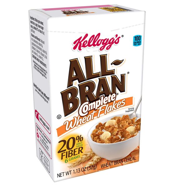 Kellogg's All-Bran Complete Wheat Flakes, Breakfast Cereal, Excellent Source of Fiber, Single Serve, 1.13 oz Box(Pack of 70)