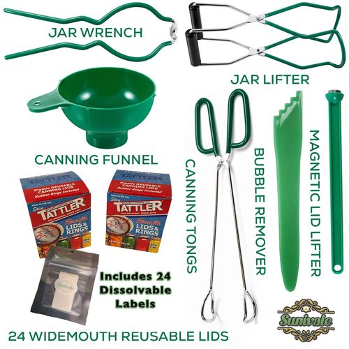 Canning Supplies Starter Kit Reusable Lids 6 Piece Stainless Steel Canning Set Bundle Includes 24 Wide Mouth Tattler Lids, 24 Dissolvable Labels For Hot Water Bath & Pressure Canning by Sunivale