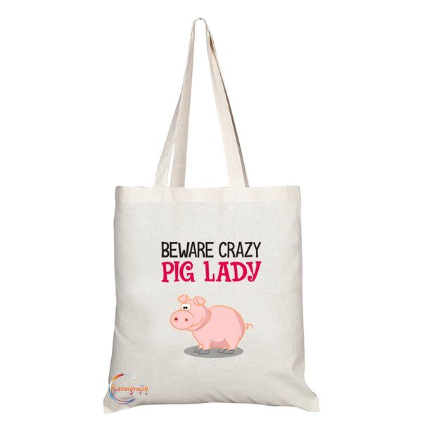 Coralgraph Inc TB233 Beware Crazy Pig Lady Novelty Present Gift Printed Eco-Friendly Stylish Long Handled Tote Shoulder Bag