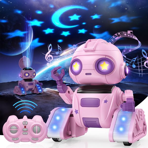 BAIWU Robot Toys for Kids,RC Robot with Gesture Sensing & LED Eyes,Star Projector and Music,Boys & Girls Toys for 6+ Age(Pink)