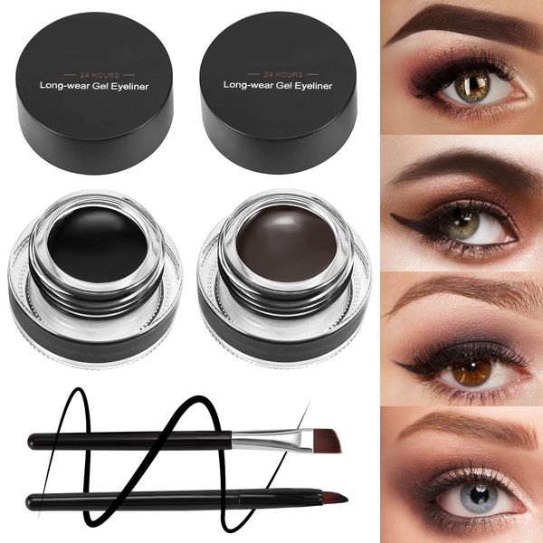 Boobeen 2 Colors Liner Eyeliner Gel Waterproof - Eyebrow Colors Gel Formula Long Lasting - Eye Makeup Set with 2 Pack Eyeliner Brush and Brow Brush