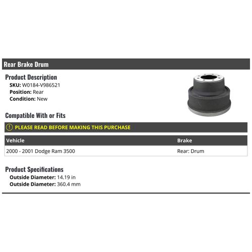 Rear Brake Drum - Compatible with 2000-2001 Dodge Ram 3500