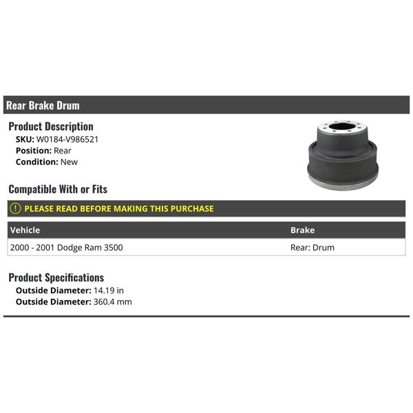 Rear Brake Drum - Compatible with 2000-2001 Dodge Ram 3500